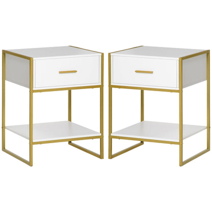 Set of 2 Modern Bedside Tables with Drawer and Open Shelf in MDF and Steel, 45x40x60cm, White and Gold