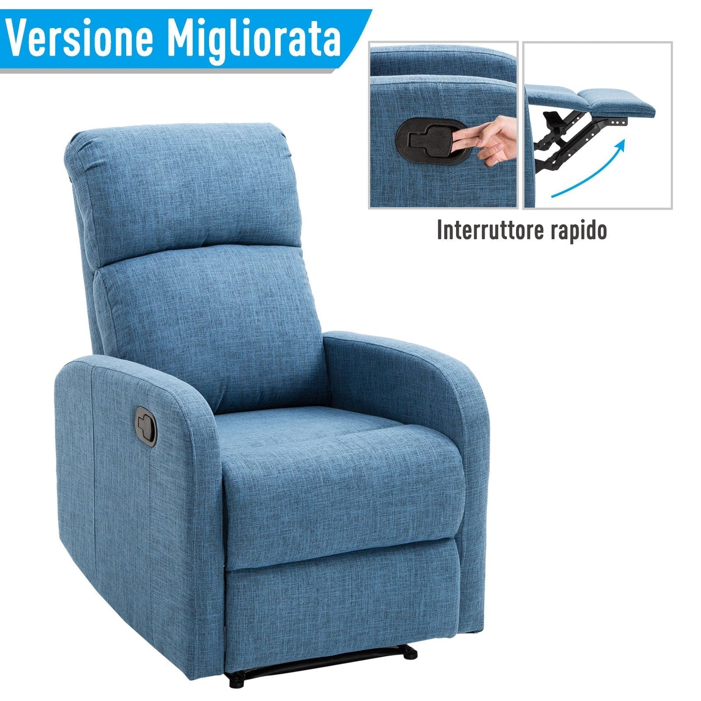 Manual Reclining Relax Chair with Footrest Load Capacity 125kg Linen Fabric 67 × 83 × 107cm Blue