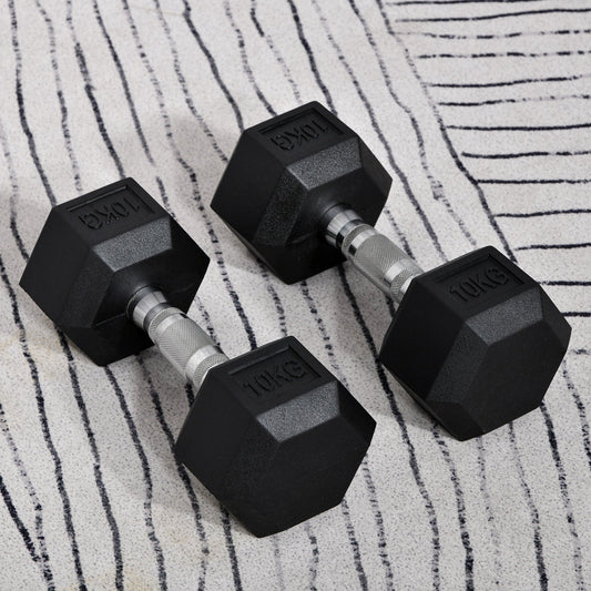 Set of 2 10kg Hex Dumbbells in Metal and Rubber for Workout in the Gym, Home and Office, Black