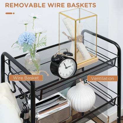 Tier Removable Kitchen Cart with 4 Hooks and Wheels, Steel and PP Plastic, 45x26. 5x84 cm, Black