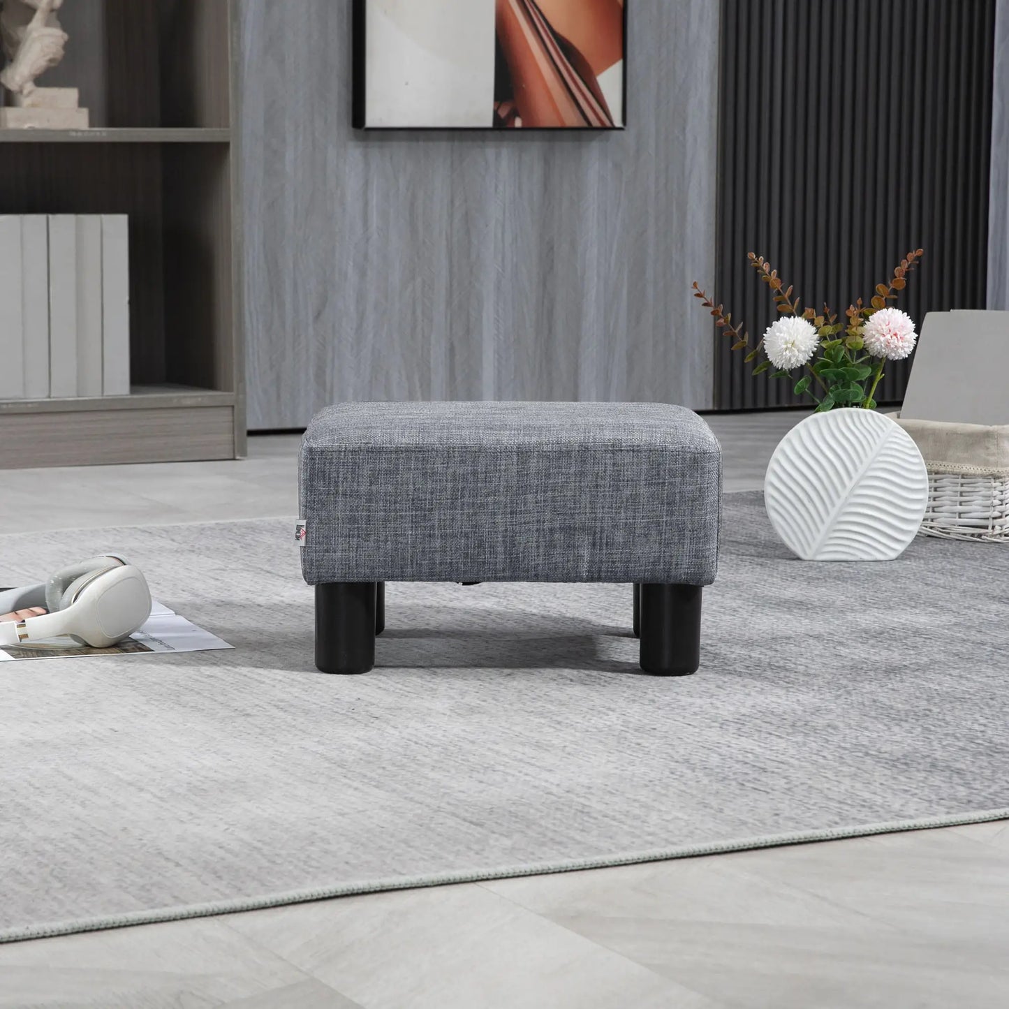 Pouf Footstool in Linen Effect Fabric Padded, 40x30x24cm, Grey