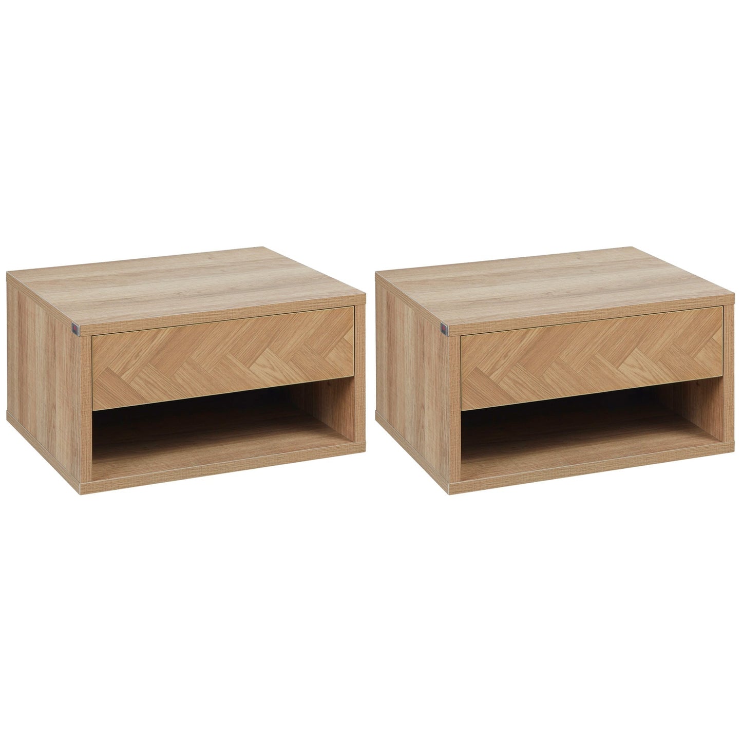 Set 2 modern bedside tables suspended with drawer and wooden shelf 37x32x21cm, natural color