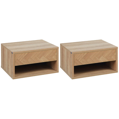 Set 2 modern bedside tables suspended with drawer and wooden shelf 37x32x21cm, natural color