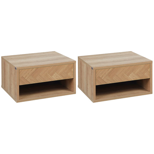 Set 2 modern bedside tables suspended with drawer and wooden shelf 37x32x21cm, natural color