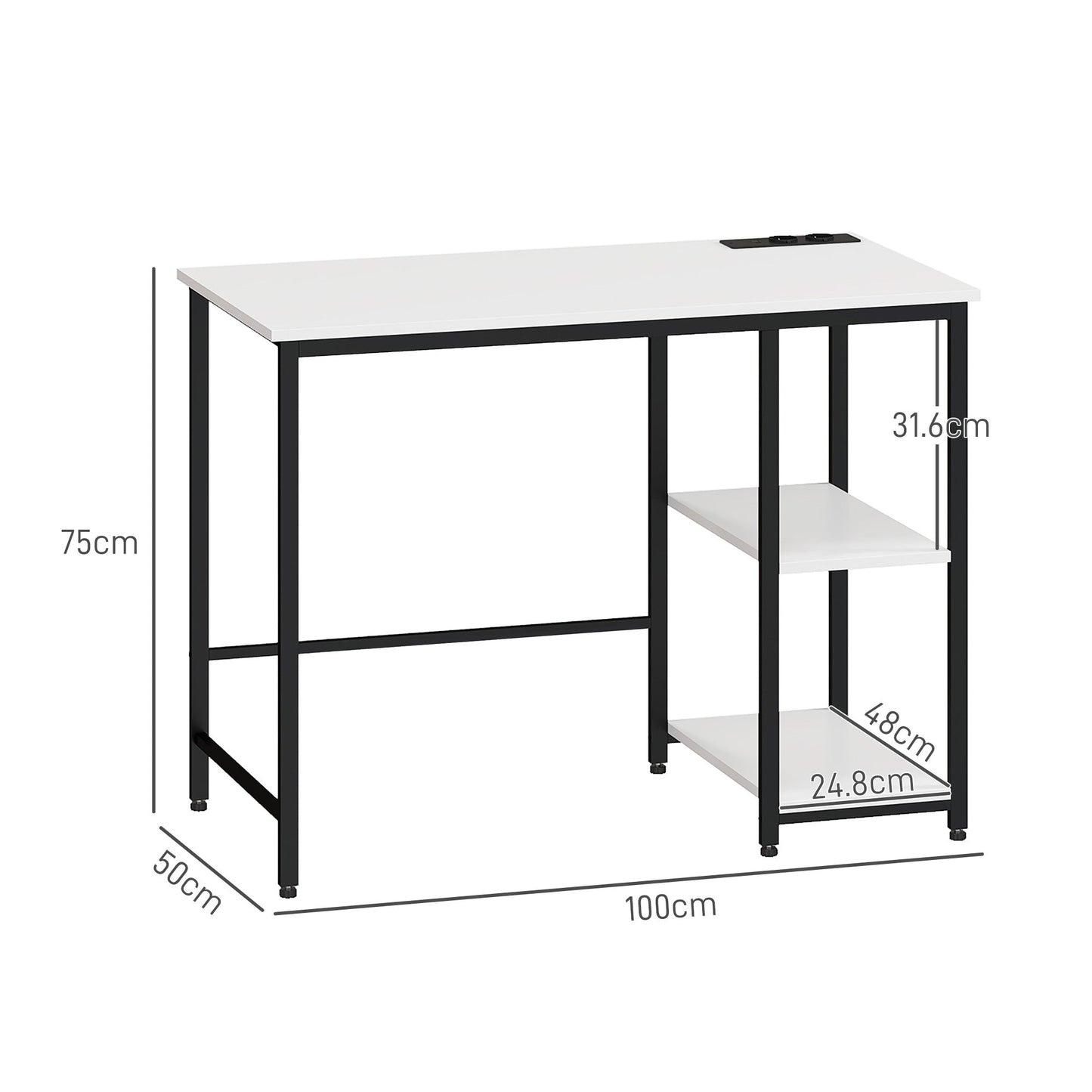 Desk with 2-Tier Bookshelf and Charging Sockets, in Wood and Metal, 100x50x75 cm, White and Black