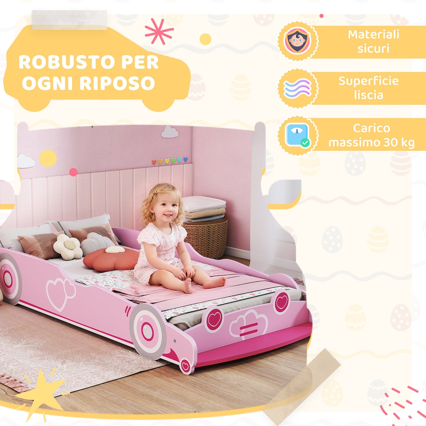 Car-Shaped Children's Bed with Raised Safety Sides for 3-5 Year Olds, 140x70 cm, Pink