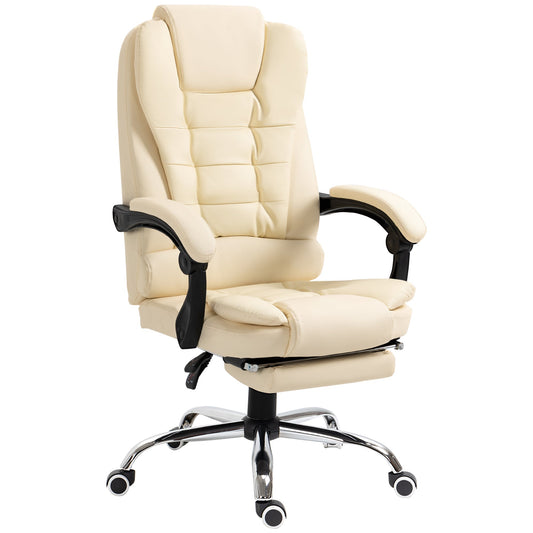 White Faux Leather Presidential Chair with 145° Reclining Backrest and Footrest, 64.5x69x109-117 cm
