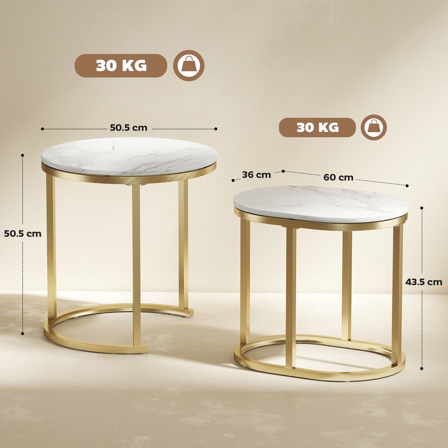 Set of 2 Coffee Tables with Marble Effect Top, in Wood and Steel, Ø50x50.5 cm and 60x36x43.5 cm, White