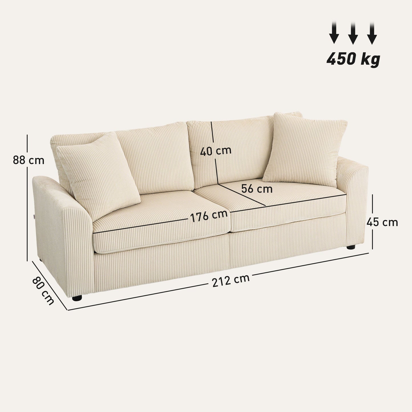 3 Seater Corduroy Sofa with Pocket Sprung and 2 Cushions, 212x80x88 cm, Cream White