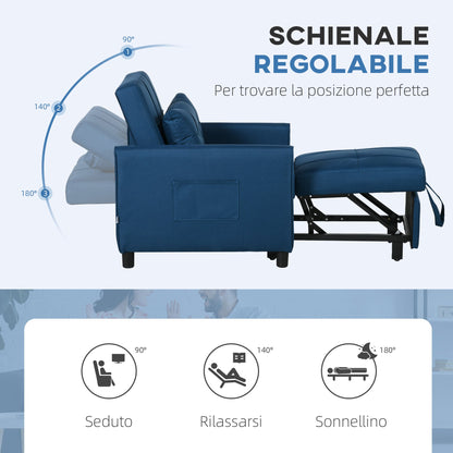 Single Reclining Armchair Bed on 3 Levels with Extra Cushion, 69x82x85cm, Blue