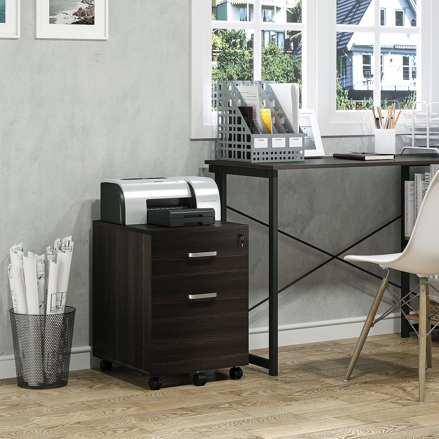 Office File Cabinet Wooden Desk Drawer Cabinet, 2 Drawers, Lock with 2 Keys, Black, 40x45x55.6cm
