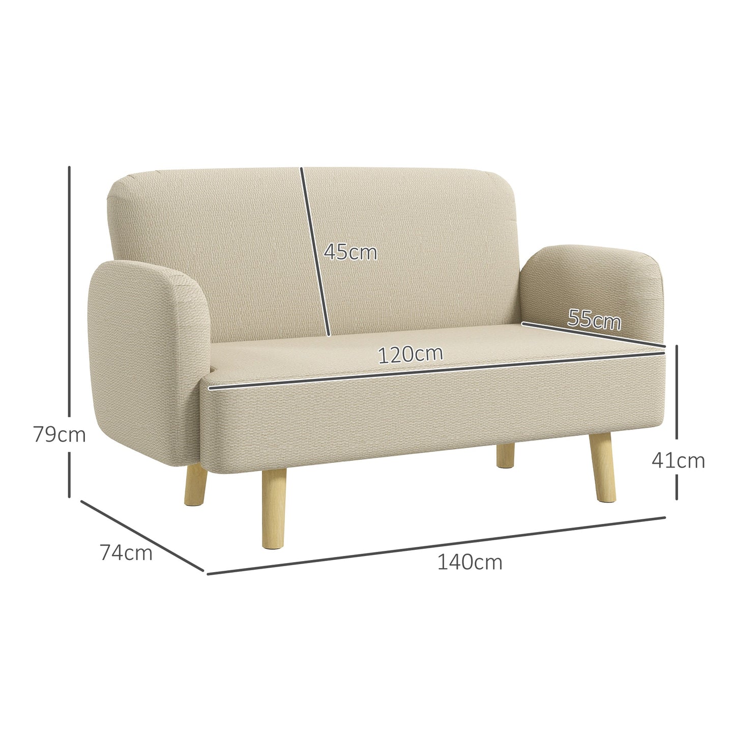 Modern 2-Seater Sofa Velvet Effect with Thick Padding, 140x74x79cm, Cream White
