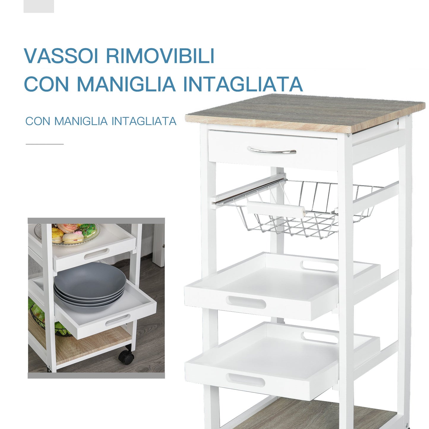 Kitchen Trolley Salvaspazio in white wood with 4 wheels 37x37x82cm