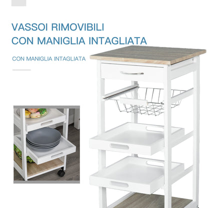 Kitchen Trolley Salvaspazio in white wood with 4 wheels 37x37x82cm