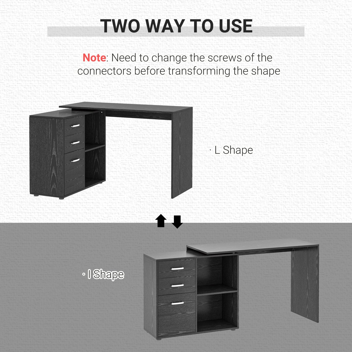 Corner PC Desk with 2 Drawers and Open Shelves, L-Shaped Corner Desk in Wood and Metal, 117x83. 5x76 cm, Black