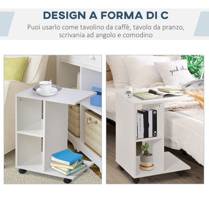 C-Shaped Coffee Table with 2 Open Shelves and 4 Swivel Wheels, in MDF and PE, 45x35x58 cm, White