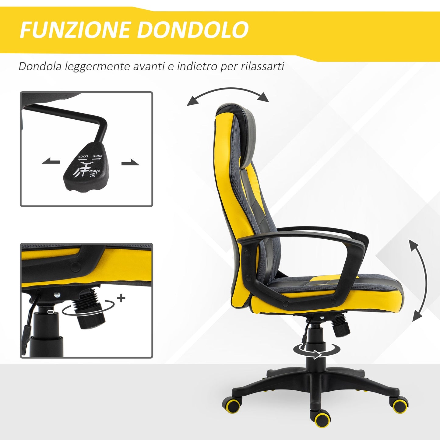 Ergonomic Gaming Chair, Swivel Office Chair with Wheels in Black and Yellow Faux Leather, Adjustable Height