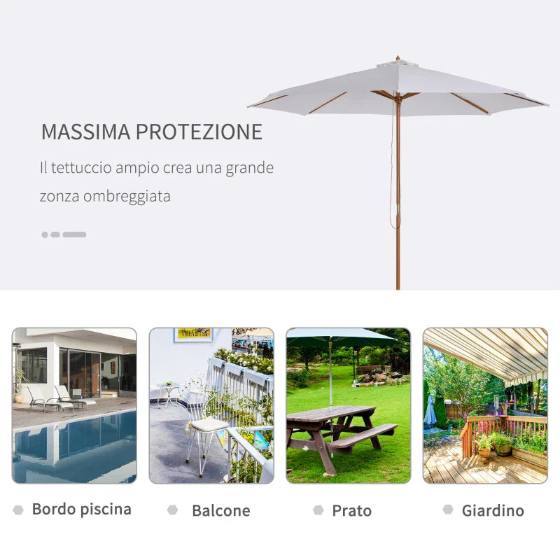 3x2.5 m Garden Umbrella with 8-Ribbed Wooden Pole, Made of Bamboo, Wood and Polyester, White