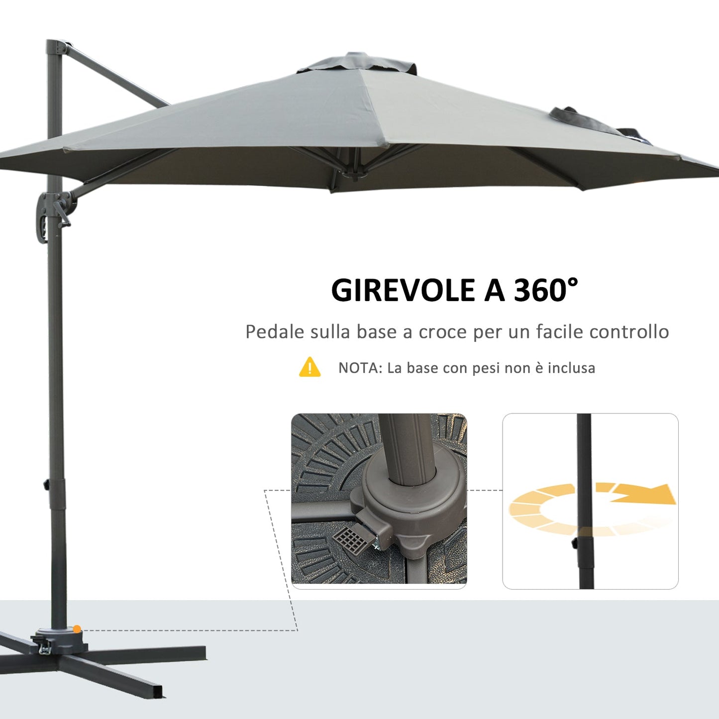 Hand Crank Garden Umbrella with 8 Ribs and Adjustable Angle, Ø2.95x2.5 m, Grey