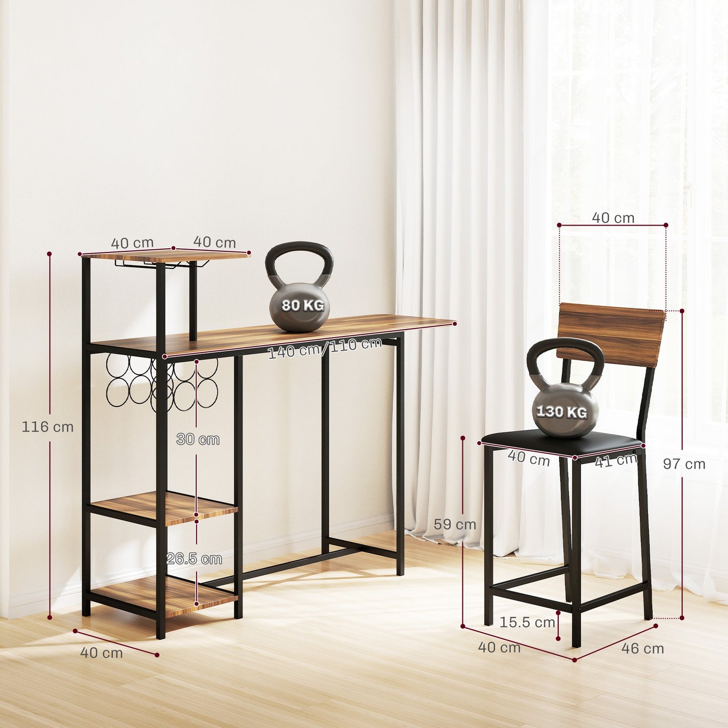 Folding Bar Counter and 2 High Stools with Backrest, Wine Rack and Glass Holder, Brown