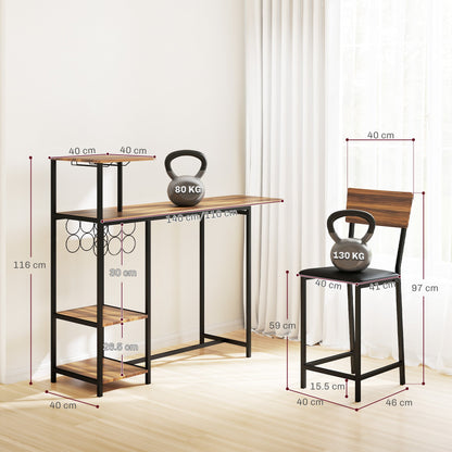 Folding Bar Counter and 2 High Stools with Backrest, Wine Rack and Glass Holder, Brown