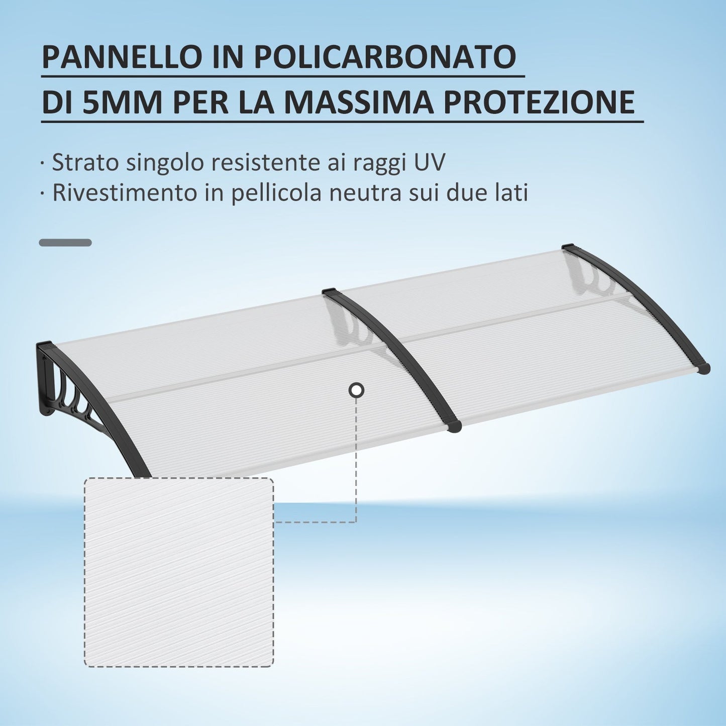 Outdoor Canopy Shelter 195x75cm in Polycarbonate and Aluminum for Balcony Windows and Doors, Transparent