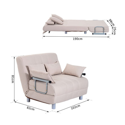 3 in 1, 2 Seater Sofa Bed Convertible to Recliner with Adjustable Backrest and 4 Padded Cushions, 102x82x81 cm, Beige