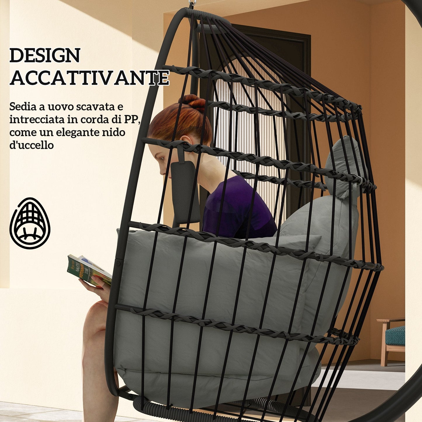 Hanging Egg Chair with Adjustable Hook, 2 Cushions and Basket, Steel, 120x88x192 cm, Black and Grey