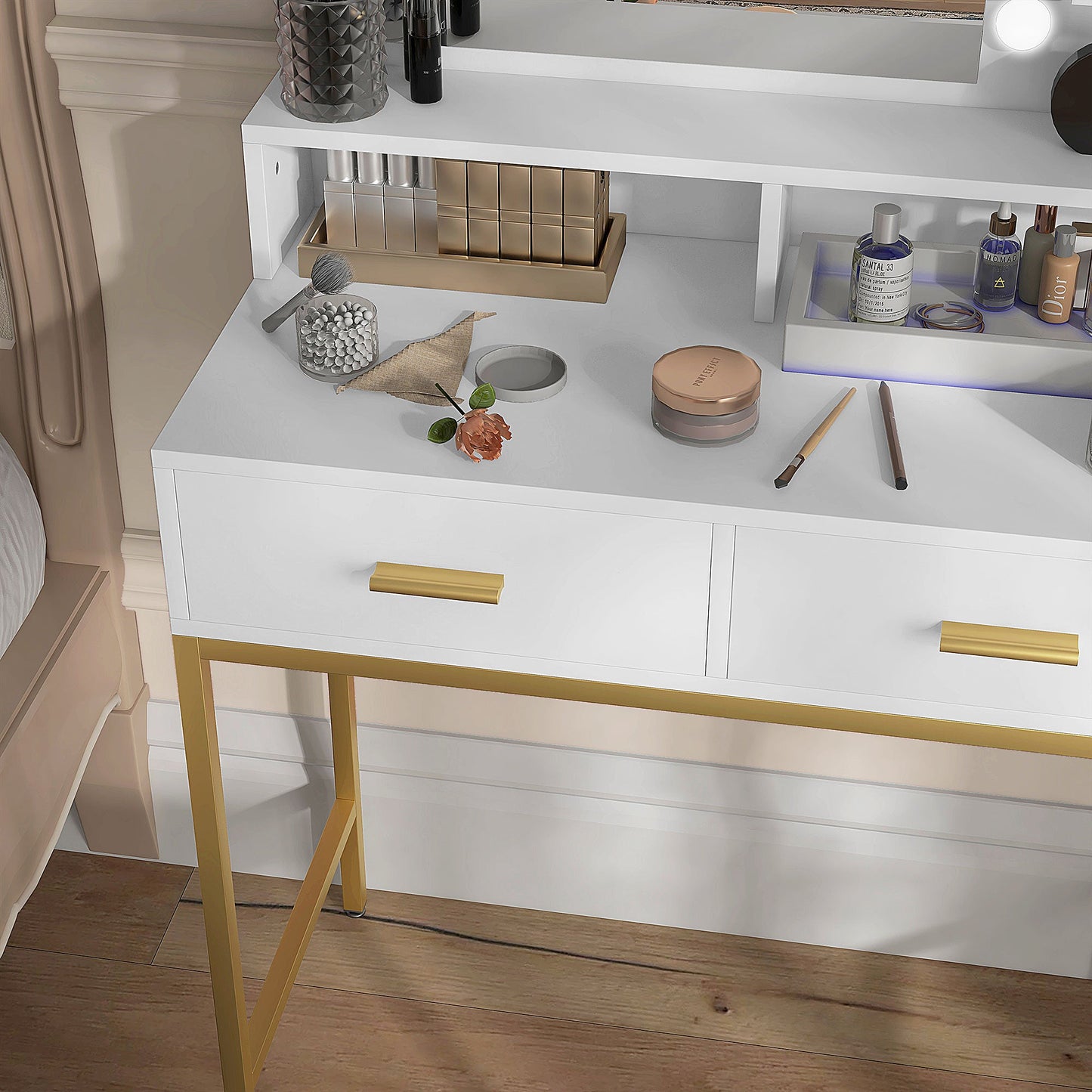 Vanity Makeup Table with Mirror, 2 Drawers, 5 Shelves and Stool, in MDF and Chipboard, 80x40x138 cm, White