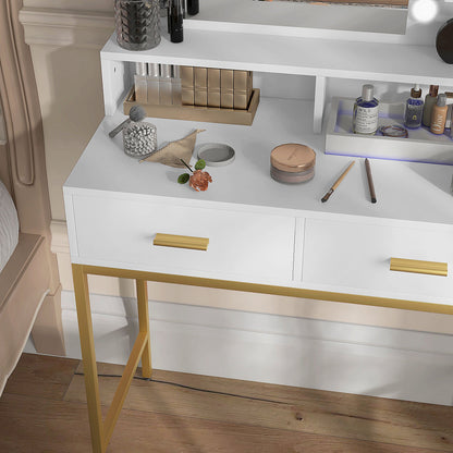 Vanity Makeup Table with Mirror, 2 Drawers, 5 Shelves and Stool, in MDF and Chipboard, 80x40x138 cm, White