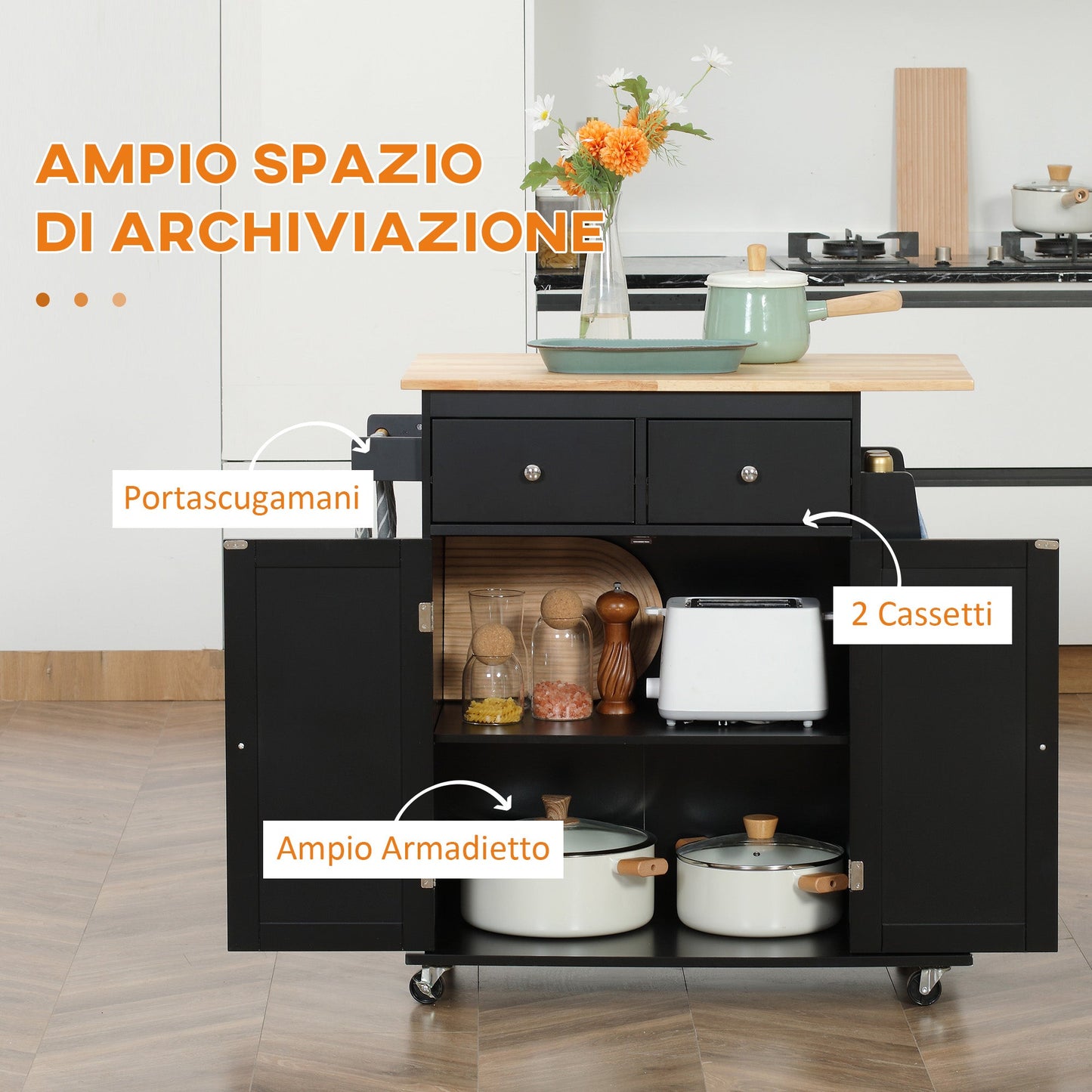 Kitchen Trolley with Cabinet, 2 Drawers and Spice Rack, Wooden Kitchen Island, 89x45x89.5cm, Black