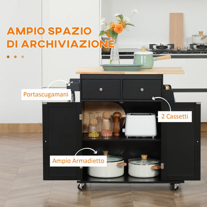 Kitchen Trolley with Cabinet, 2 Drawers and Spice Rack, Wooden Kitchen Island, 89x45x89.5cm, Black