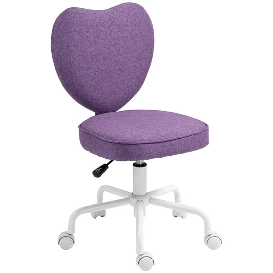 Heart-Shaped Desk Chair with 5 Wheels and Adjustable Height in Fabric, 40x50x79-89cm, Purple