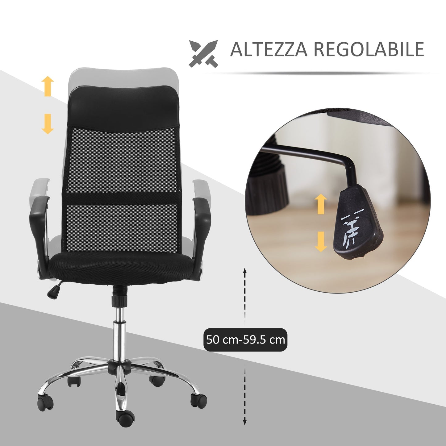 Ergonomic Office Chair Swivel and Rocking with Wheels, Adjustable Height and Mesh Backrest, 63x65x109-119 cm, Black