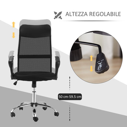 Ergonomic Office Chair Swivel and Rocking with Wheels, Adjustable Height and Mesh Backrest, 63x65x109-119 cm, Black