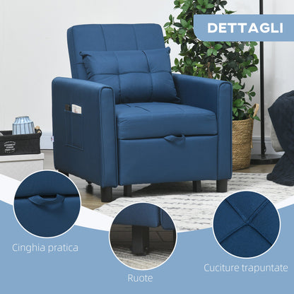 Single Reclining Armchair Bed on 3 Levels with Extra Cushion, 69x82x85cm, Blue
