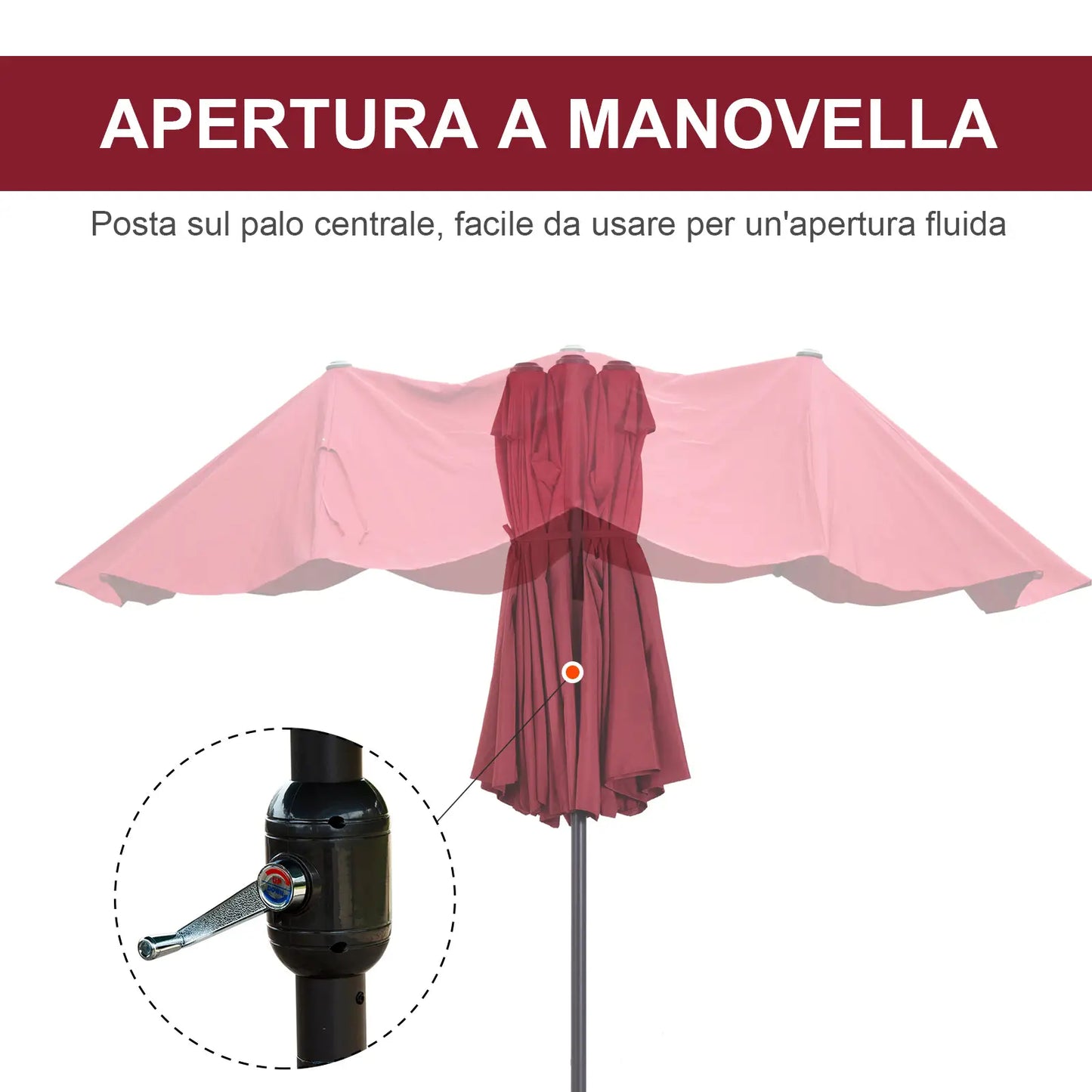Double Garden Umbrella with Crank Opening, in Steel and Polyester, 460x270x240 cm, Red
