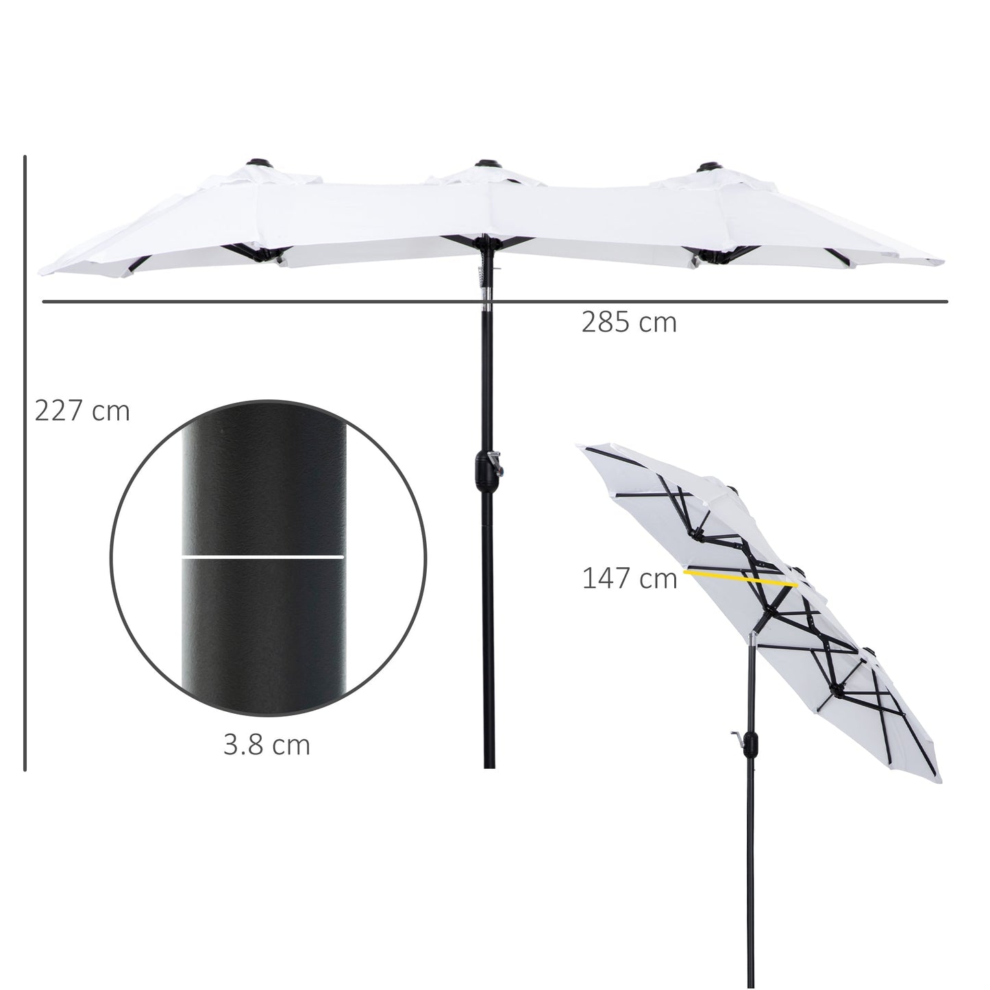 Double Tilting Garden Umbrella with Crank Opening, 295x152x222cm, White