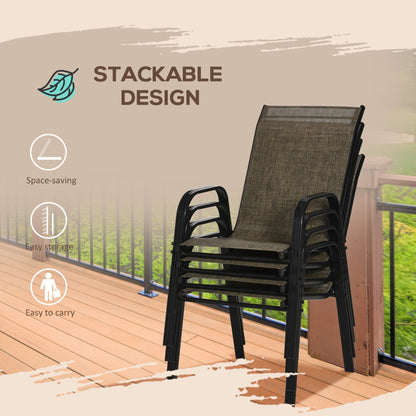 Garden Chairs Set of 4, Stackable Outdoor Chairs in Metal and Breathable Fabric, Brown
