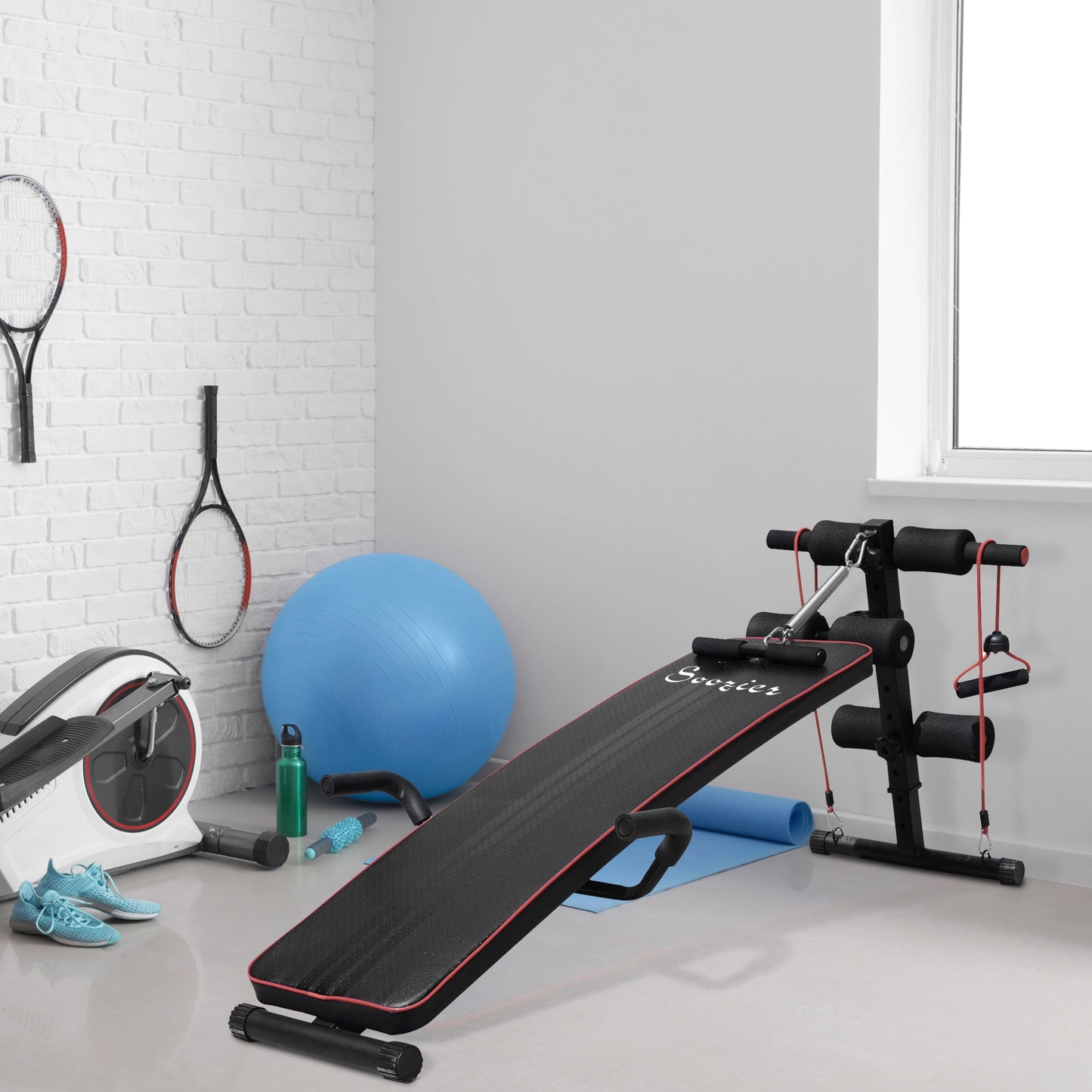 Multifunction bench for training at home, abdominal bench tilt with spring voting and adjustable back and 2 elastic strings, 55.5 x 137.5 cm black