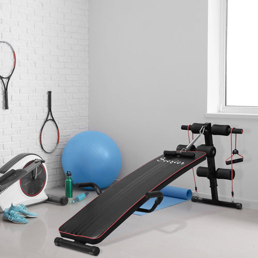Multifunction bench for training at home, abdominal bench tilt with spring voting and adjustable back and 2 elastic strings, 55.5 x 137.5 cm black