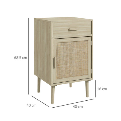 Set of 2 Bedside Tables for Bedroom with Drawer and Door in Boho Style Rattan, Wood Colour