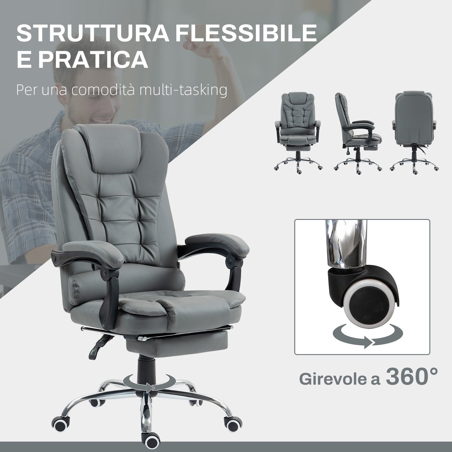 Ergonomic Office Chair 145° Reclining with Pull-Out Footrest in Faux Leather, Grey