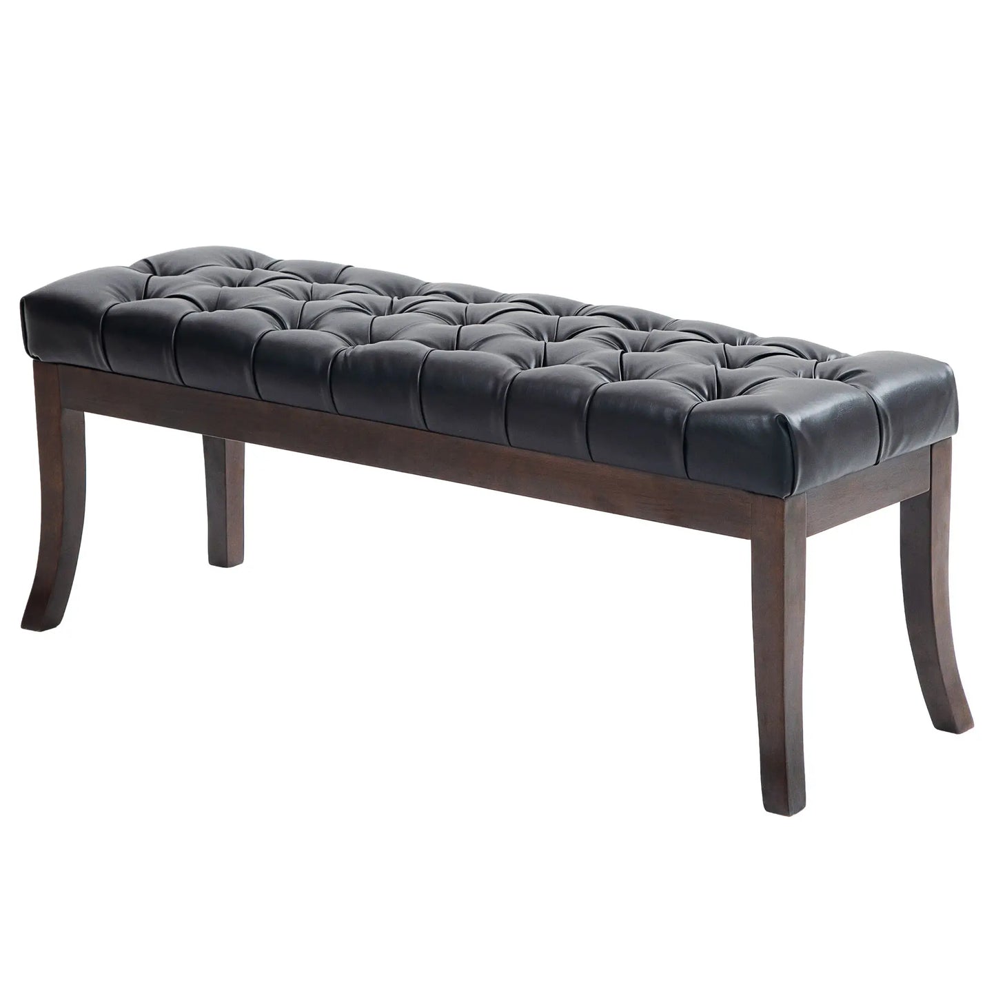 Upholstered Bed End Bench with Button Design and Curved Legs, PU Leather and Wood, 120x38x46 cm, Black