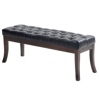 Upholstered Bed End Bench with Button Design and Curved Legs, PU Leather and Wood, 120x38x46 cm, Black