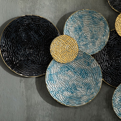 3D Metal Wall Decoration, Circle Wall Art 133x66cm, Blue, Black and Gold