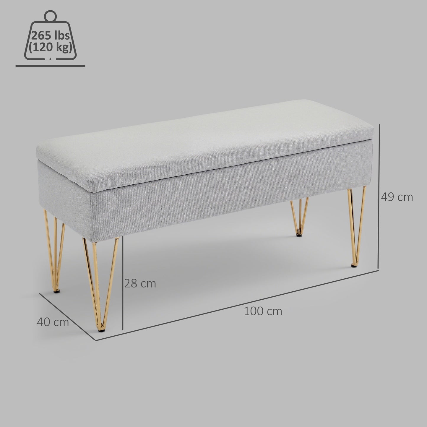 Bedside Bench with Fabric Storage and Steel Legs, 100x40x49 cm, Light Grey