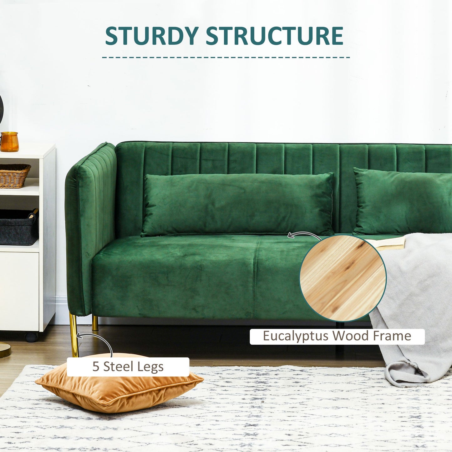 DELUX | Modern 3 Seater Sofa with Padded Cushions, Steel Legs and Velvet Fabric, 200x88x76 cm, Green