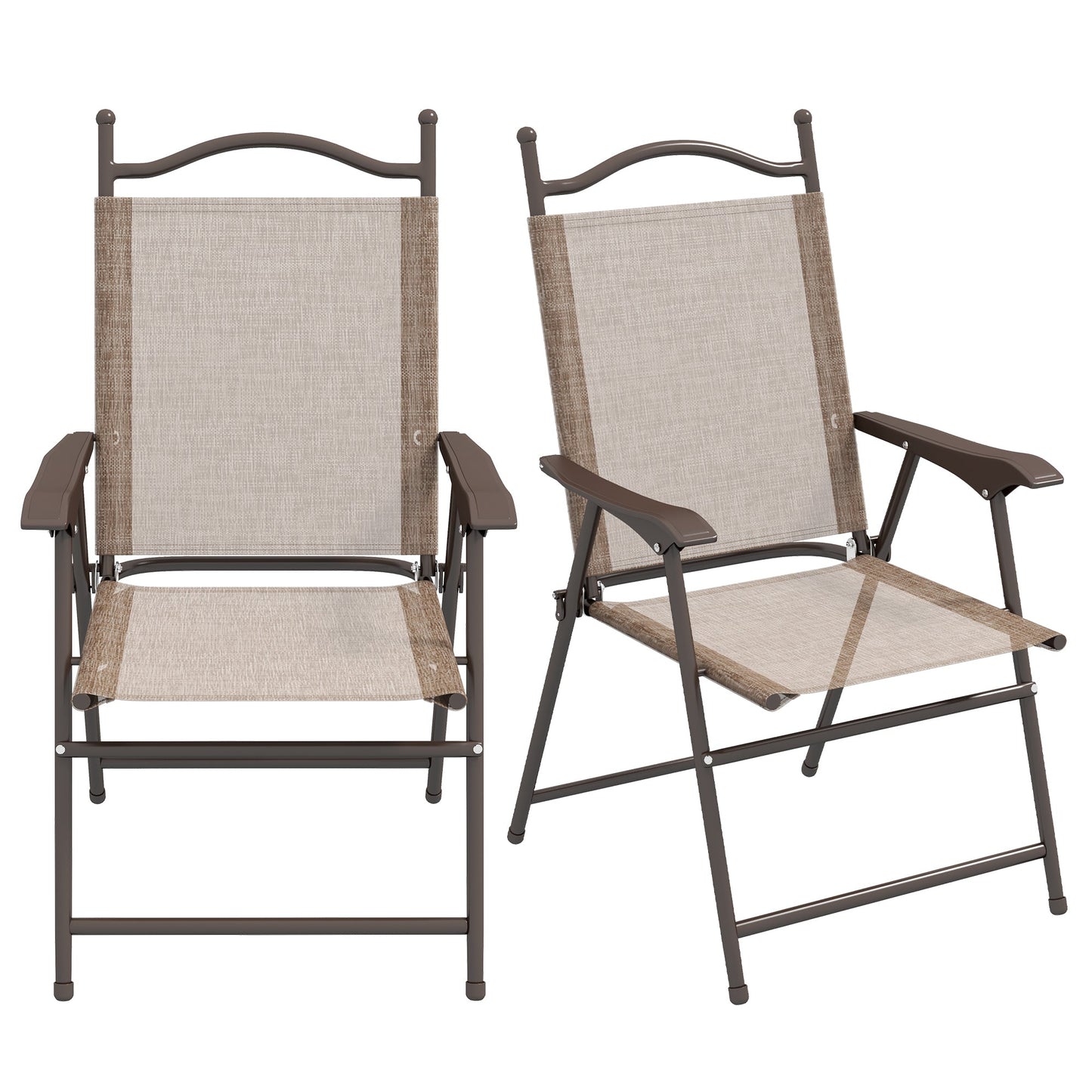 Set of 2 Folding Garden Chairs with Armrests and Breathable Fabric Seat, Brown