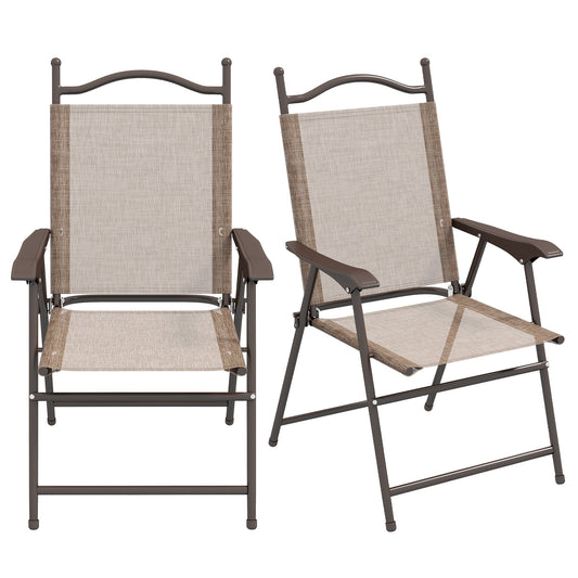 Set of 2 Folding Garden Chairs with Armrests and Breathable Fabric Seat, Brown